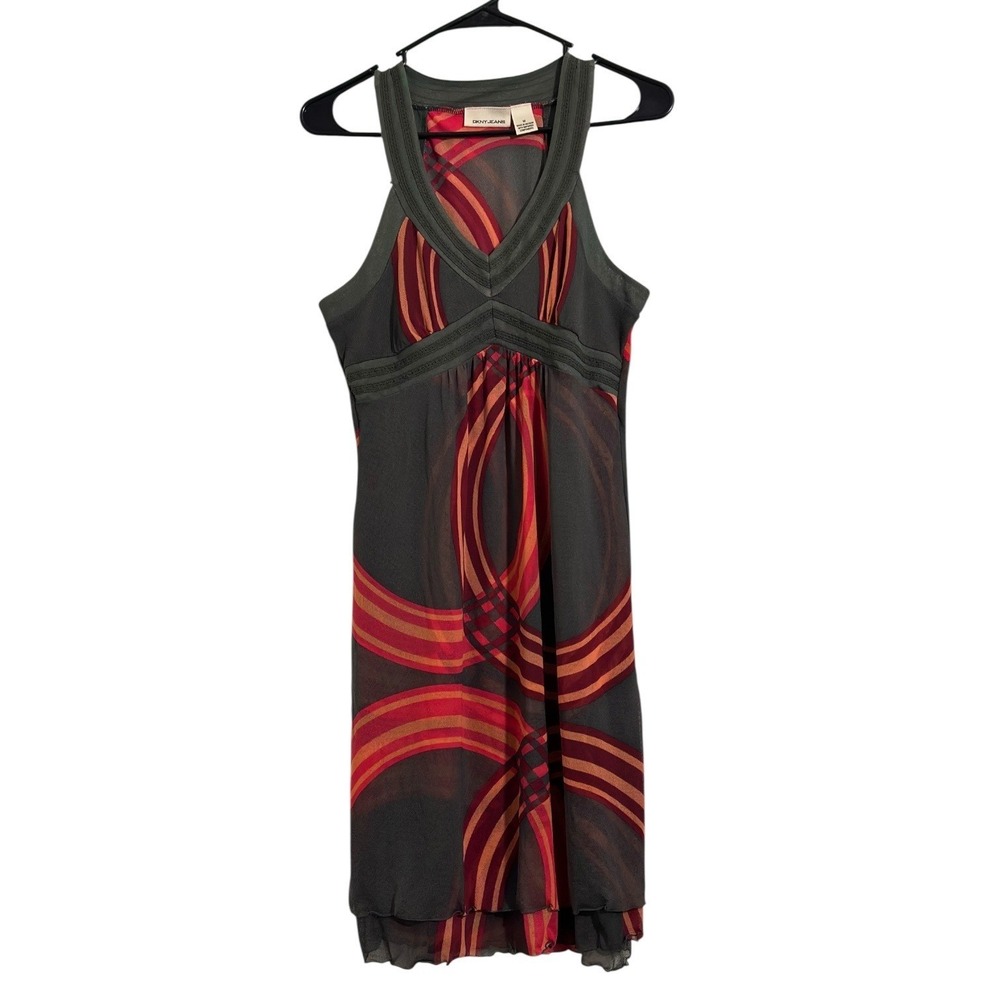 DKNY Vintage Y2K  Mesh Overlay Dress Geometric Print Dark Olive Women's Size M